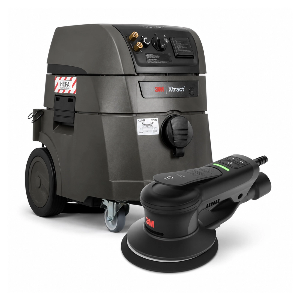 סט מלטשת אקצנטרית 3M Xtract 88837 ושואב אבק תעשייתי 3M Xtract 64159 כולל 50 רשתות ליטוש מתנה