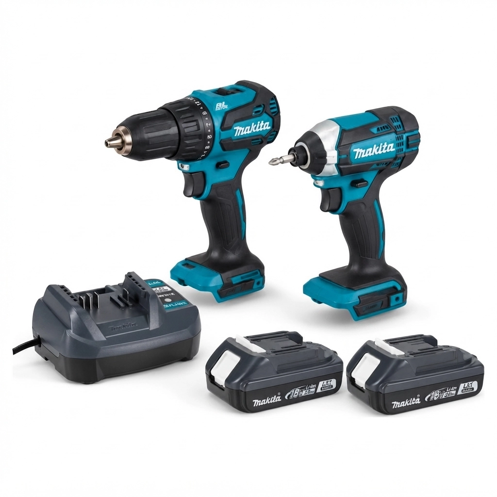 סט מברגה רוטטת DHP490 ומברגת אימפקט DTD152 עם 2 סוללות 2Ah בייסיק ומטען מבית Makita